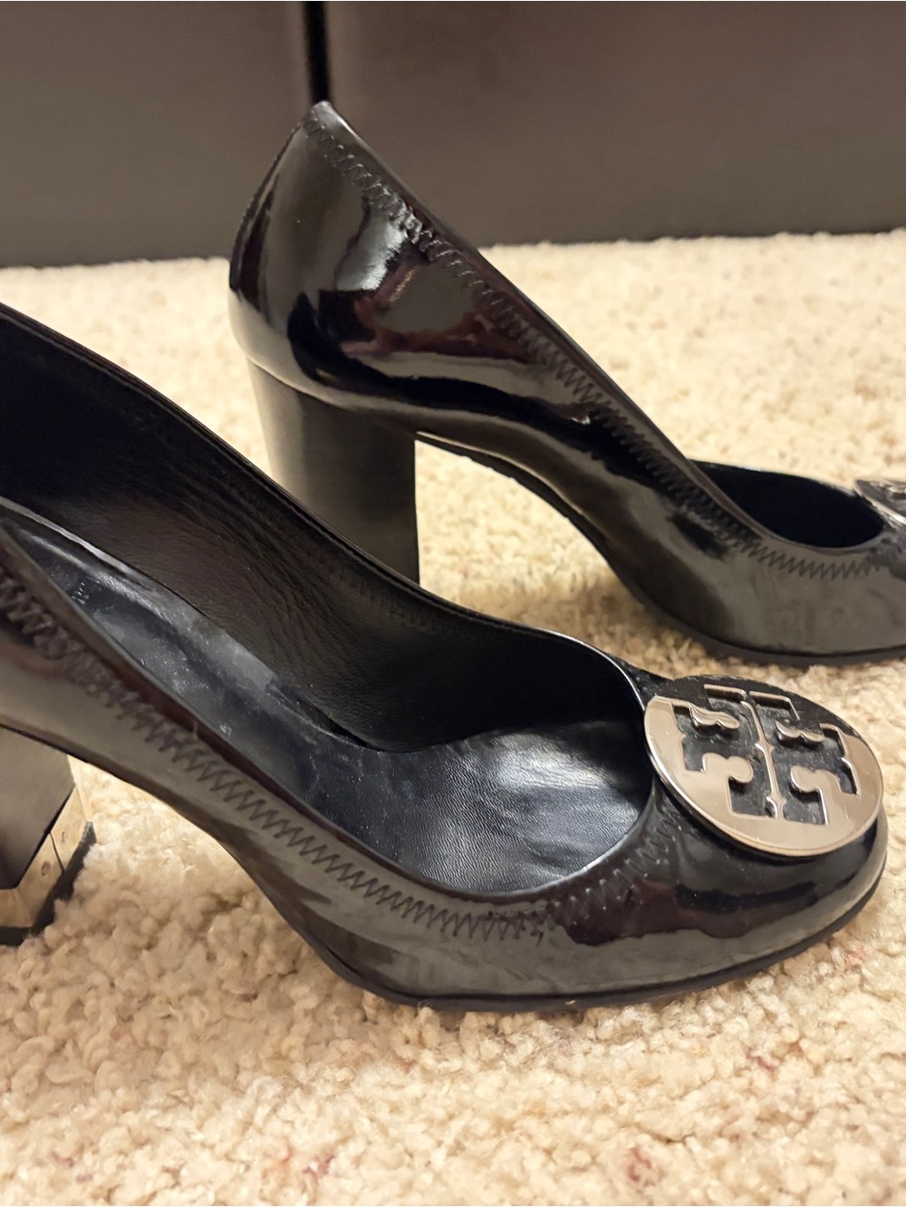 Tory Burch Black Patent Leather Mid Block-Heel Pumps with Silver Logo Medallion